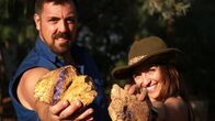 Outback Opal Hunters – L-R: Isaac & Sofia Andreou with their opal haul, Yowah QLD