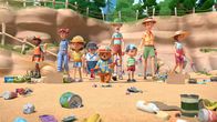 Paddingtons Abenteuer – Judy Brown (3.v.l.), Mrs. Bird (4.v.l.), Paddington (vorne), Mr. Curry (4.v.r.), Jonathan Brown (3.v.r.), Mr. Brown (2.v.r.), Mrs. Brown (r.)