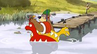 Unser Sandmännchen – Dr. Brumm und Pottwal schwimmen auf dem See.