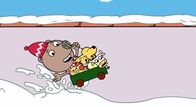 Boris – Boris und seine Spielzeuge fahren mit dem Bollerwagen im Schnee.
