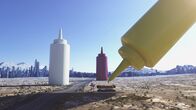 Fabriken der Superlative – CGI image - Large bottles of mustard, mayonnaise and ketchup.