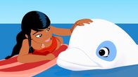 Zoom - Der weiße Delfin – Timeti streicht Zoom über den Kopf und bedankt sich bei ihm. Er hat sie an Land gebracht, nachdem sie beim Surfen unter eine große Welle geraten war.