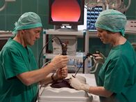 In aller Freundschaft – Elena Eichhorn (Cheryl Shepard) führt unter den Augen von Dr. Rolf Kaminski (Udo Schenk) eine Operation am Laparoskopie-Trainer durch. Als sich das Gerät verhakt und Kaminski Elena helfen will, bricht das empfindliche Gerät.