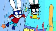 Simon Superhase – Unterwasser gehen Superhase (links) und Captain Hase (rechts) auf die Suche nach ihrem gestohlenen Raumschiff.