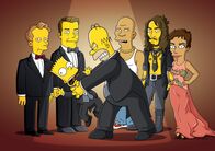 Die Simpsons – Wütender Dad - Der Film: Nick Park (l.), Ricky Gervis (2.v.l.), JB Smoove (M.), Russell Brand (2.v.r.), Halle Berry (r.), Bart (vorne l.) und Homer (vorne r.) ...
