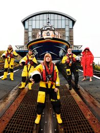 In Seenot – WS Group on slipway in front of ALB lifeboat L- R George Hodge, Vince Jones, Barry Gourlay, Olivia Davison, Steve King, Luke Lane-Prokopiou and Isobel Tugwell.