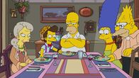 Die Simpsons – (v.l.n.r.) Blythe; Calvin; Homer; Marge; Grampa