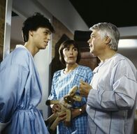 Ich heirate eine Familie – Überrascht werden Angi (Thekla Carola Wied, M.) und Werner (Peter Weck, r.), als sie eines morgens den "Gast" Duffy (Felix Martin, l.) in ihrem eigenen Badezimmer antreffen.