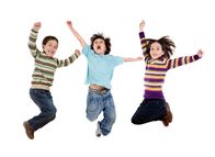 Crazy Clips – Three happy children jumping at once on a white background