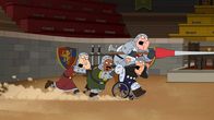 Family Guy – Als Quagmire (l.), Cleveland (2.v.l.), Joe (unten, r.) und Peter (oben, r.) mitbekommen, dass das Mittelalter-Show-Restaurant "Medieval Castle" zum Verkauf steht, möchten sie es für sich erobern.