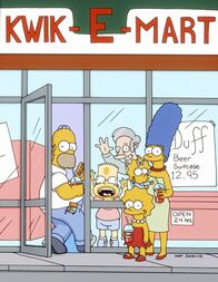 Die Simpsons – (12. Staffel) - (v.l.n.r.) Homer, Bart, Lisa, Maggie und Marge Simpson sind die beliebtesten Kunden vom Kwik-E-Mart-Besitzer Apu (hinten).