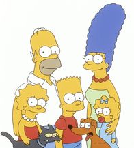 Die Simpsons – (12. Staffel) - Die Simpsons sind ein Herz und eine Seele: (v.l.n.r.) Lisa, Homer, Bart, Marge und Maggie mit Katze und Hund.