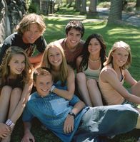 Blue Water High – Das ganze Team der Blue Water High: Matt (Christopher Foy, vorn), Perri (Tahyna Tozz, 1.v.li.), Fly (Sophie Luck, 2.v.li.), Edge (Khan Chittenden, hi., 1.v.li.), Heath (Adam Saunders, hi.,2.v.li.), Bec (Kate Bell, 3.v.li.) und Anna (Mara Scherzinger, 4.v.li.).