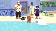 Zoom - Der weiße Delfin – Yann (v.M.) ist frustriert, weil sein Freund Auru sein Geschenk nicht richtig gewürdigt hat. Onkel Patrick (l.), Nino (2.v.r.), Maimiti (r.) und Delfin Zoom haben Verständnis für seine Enttäuschung.