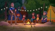 Paddingtons Abenteuer – v.li.: Mr. Brown, Paddington, Jonathan Brown, Mrs. Brown, Judy Brown, Mrs. Bird
