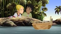 Chi Rho - Das Geheimnis – Cora und Habib sehen einen im Fluss treibenden Korb mit einem Baby darin.