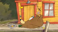 Unser Sandmännchen – Dr. Brumm ist samt Farbteller vom Dach geplumpst, weil der Schmetterling, den er malen möchte, immer wieder davonflattert.