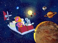 Albert auf Entdeckungstour – Albert und Zora sind mit dem Zeit-o-mobil zum Urknall gereist und koennen nun beobachten, wie sich die Planeten formen.