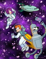 Futurama – Mit seinen neuen Freunden Leela (l.) und Roboter Bender (r.) erkundet Fry (M.) den Weltraum.