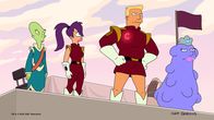 Futurama – v.li.: Glab, Leela, Zapp Brannigan, "Tactillian"