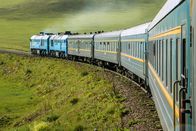 alpha-expedition: Mit dem Zug ... – Transsiberian Railway with locomotive and steam crossing through Mongolia on a sunny summer day (near Ulaanbaatar, Mongolia, Asia)