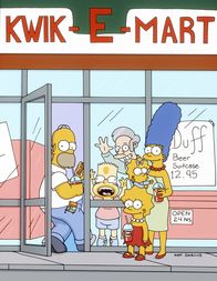 Die Simpsons – (12. Staffel) - (v.l.n.r.) Homer, Bart, Lisa, Maggie und Marge Simpson sind die beliebtesten Kunden vom Kwik-E-Mart-Besitzer Apu (hinten).