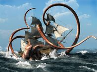 Expeditionen: Helden der Evolution – 3D-Illustration eines Kraken, der ein Schiff angreift.