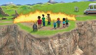 Feuerwehrmann Sam – Die Flammenwand drängt die Kinder, Joe, Dilys und Trevor näher an die Klippen.