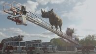 Fabriken der Superlative – CGI image - Two rhinos standing on aerial ladder.