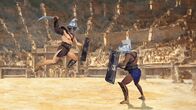 Schätze des Römischen Reichs – A 2D CGI shows Thraex gladiator (left) fighting a Murmillo gladiator (right) in the arena. (Windfall Films)