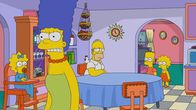 Die Simpsons – (v.l.n.r.) Maggie; Marge; Homer; Bart; Lisa
