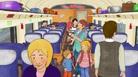 Meine Freundin Conni – Conni, Jakob und Mama suchen im Zugabteil ihre Sitzplätze.