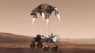 Mars-Rover: Erforschung des Roten Planeten – CGI-BILD: Abstiegsbühne des Mars Science Laboratory, auch bekannt als Himmelskran, mit teilweise ausgefahrenem Curiosity-Rover.