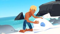 Zoom - Der weiße Delfin – Zoom (v.r.) und weitere Delfine sind am Strand einer Bucht der Insel Maotou gestrandet. Yann (M.) rätselt, was die Tiere so verwirrt haben könnte.