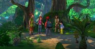 Peter Pan - Neue Abenteuer – John, Peter Pan, Tinker Bell, Wendy und Beaver Bob überlegen, wie sie Nimmerland retten können. Micheal (rechts) hat mit seinem Übermut alle in Gefahr gebracht und will auch helfen.