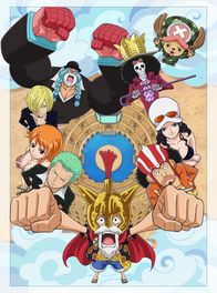 One Piece – (im Uhrzeigersinn) Brook; Robin; Lysop; Ruffy; Zorro; Nami; Sanji; Franky; (oben r.) Chopper