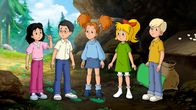 Bibi Blocksberg – Ob der Berggeist in einer Höhle wohnt? Von links: Moni, Florian, Marita, Bibi und Linus
