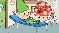Super Happy Magic Forest – Meister Heiter (links) verhält sich plötzlich verdächtig: Er ist freundlich und gut gelaunt. Eine Untersuchung bei der Pilzärztin (rechts) offenbart, dass es sich wohl um einen Doppelgänger handelt.