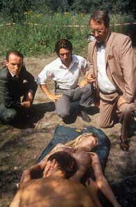 Kommissar Rex – Kommissar Richie Moser (Tobias Moretti, mi.), Ernst Stockinger (Karl Markovics, li.) und Gerichtsmediziner Leo Graf (Gerhard Zemann) klären den Mord an einem Liebespaar in den Donauauen.