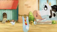 Lieselotte – Ein Huhn hält Lieselotte die Trompete hin. Lieselotte darf einmal reinpusten.