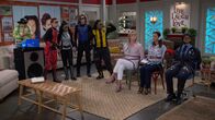 Danger Force – L-R: Schwoz (Michael D. Cohen), Chapa / Volt (Havan Flores), Mika Macklin / ShoutOut (Dana Heath), Bose O'Brian / Brainstorm (Luca Luhan), Miles Macklin / AWOL (Terrence Little Gardenhigh), Celia O'Brian (Siobhan Murphy), Alejandra (Angela Hoover), Officer Walnut (Dayna Dooley)