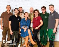 Duell der Gartenprofis – Von links: Dennis Thiel, Nico Solazzo, Marius Surmann, Eva Brenner, Frank Egger, Nicole Johag, Frank Riese und René Pütz