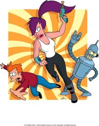 Futurama – Mit seinen neuen Freunden Leela (M.) und Roboter Bender (r.) erkundet Fry (l.) den Weltraum.