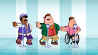 Family Guy – Versuchen alles, damit Quagmire nicht in Korea bleibt: Joe (r.), Cleveland (I.) und Peter (M.) ...