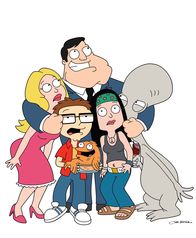 American Dad! – im Uhrzeigersinn von oben: Stan, Rodger, Hayley, Klaus, Steve und Francine