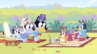 Bluey – L-R: Muffin, Uncle Stripe, Banddit, Bingo, Bluey