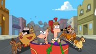 Phineas und Ferb – First from left: Buford Van Stomm, second from left: Baljeet Tjinder, third from left: Phineas Flynn, fourth from left: Ferb Fletcher, second from left: Isabella Garcia-Shapiro