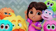 Dora – Mitte, v.li.: Grumpy Old Troll, Dora, Boots