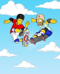 Die Simpsons – Um Bart nachhaltig zu beeindrucken, lässt sich Homer (r.) auf ein Skateboard-Rennen mit Tony Hawk (l.) ein ...