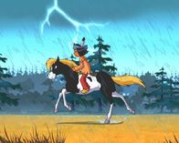 Yakari – Yakari und Kleiner Donner reiten durch Blitz und Regen.